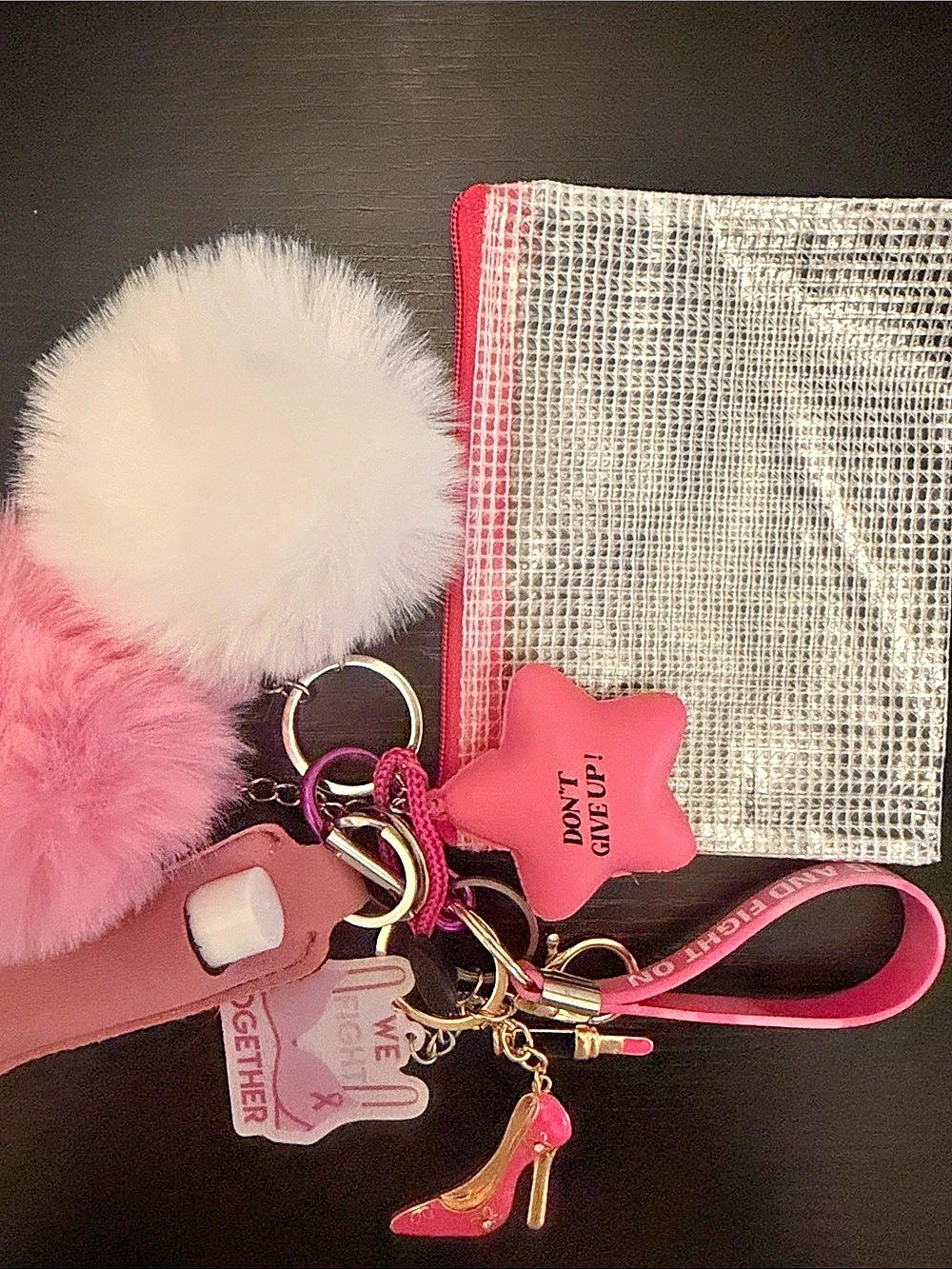 Breast Cancer Awareness Pink & White Keychain Set Like